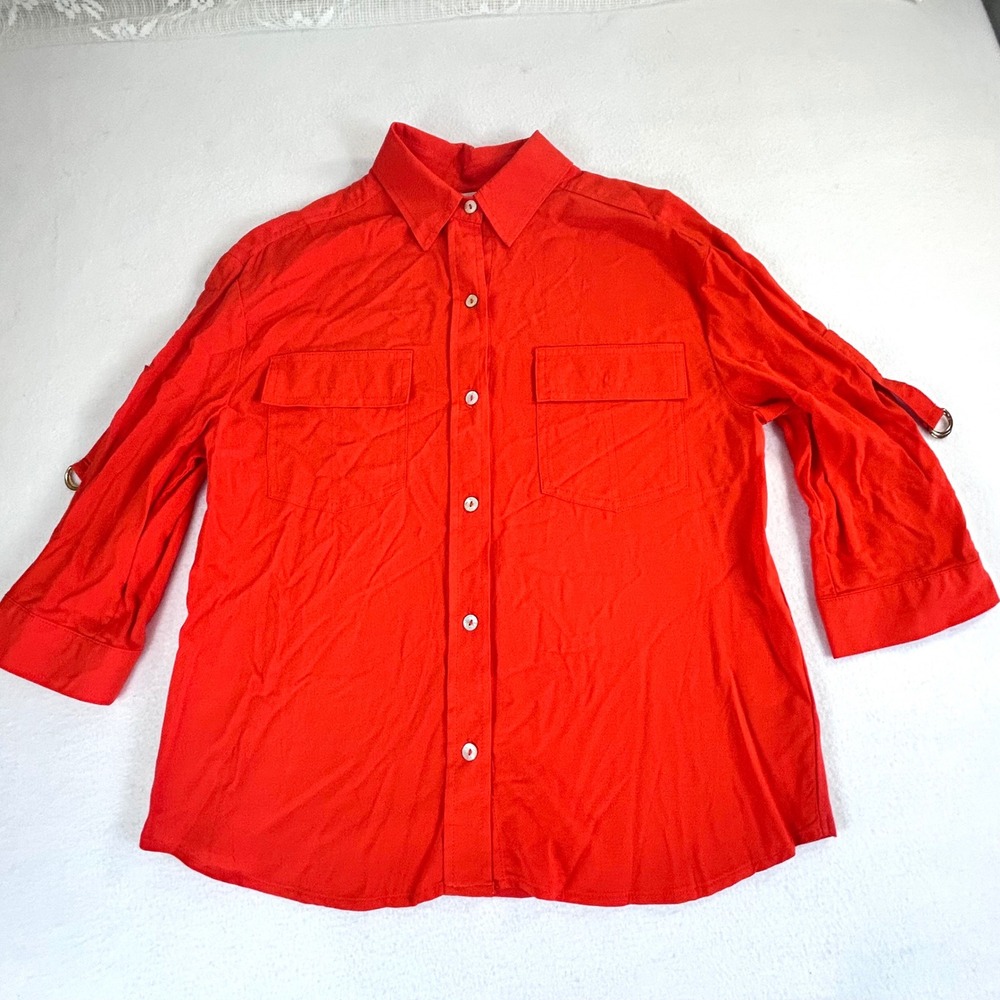 A New Day Womens Red Roll Tab Utility Button Down Shirt Size S 018016650‎